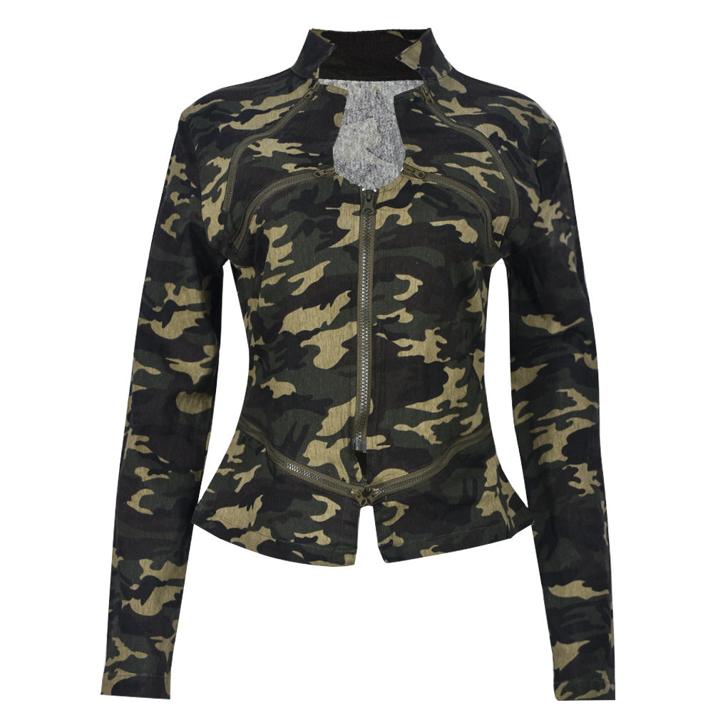 Camouflage Pocket Long-Sleeve Zipper Stand Collar Coat