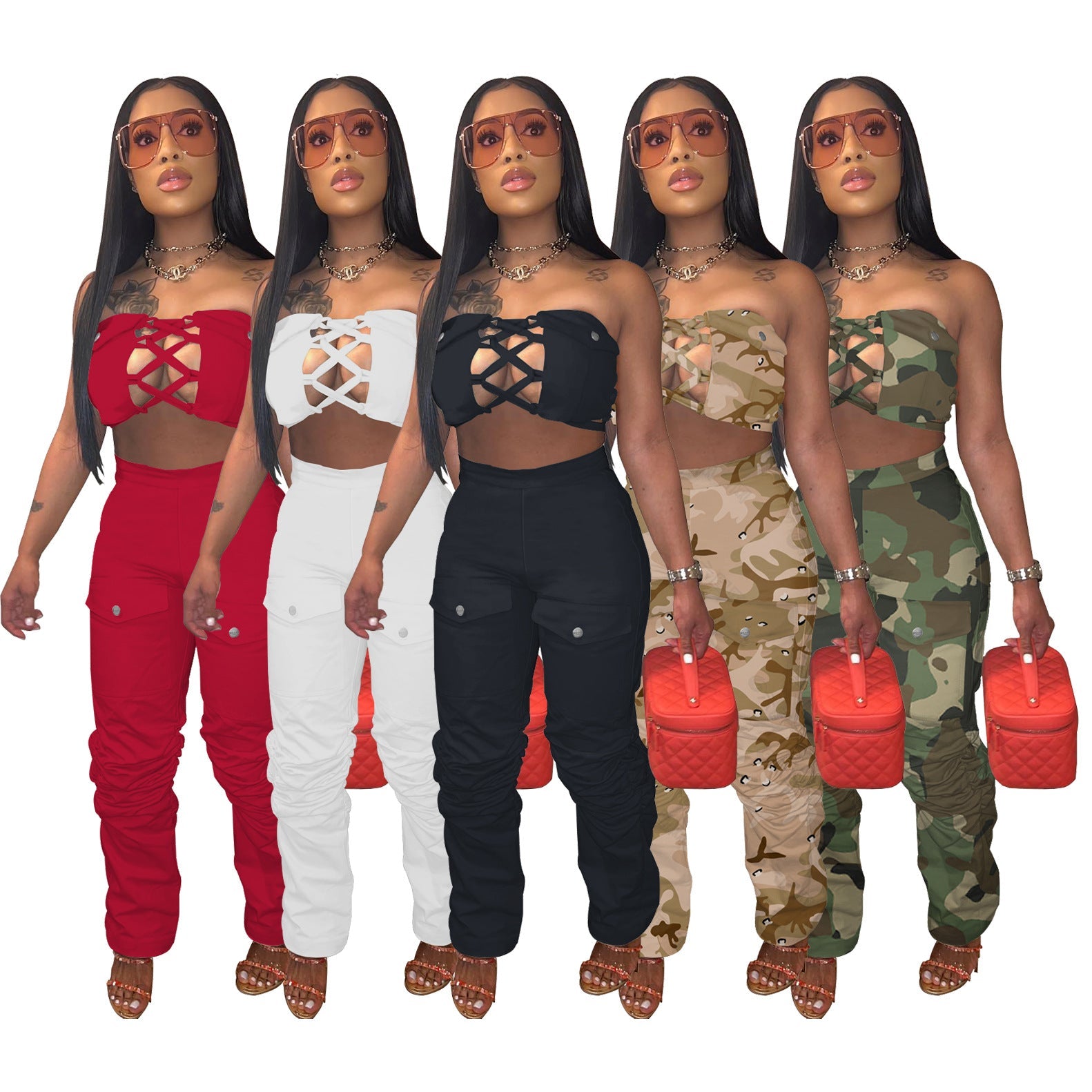 Sleeveless Lace-up Chest Wrap Vest Pants 2PC Set