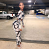 Printed Navel Long-sleeved Top and Long Skirt Set
