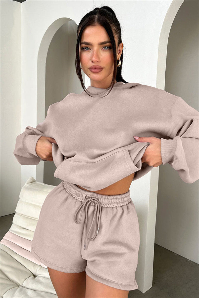 Solid Color Long Sleeved Shorts Hoodie Two-piece Set