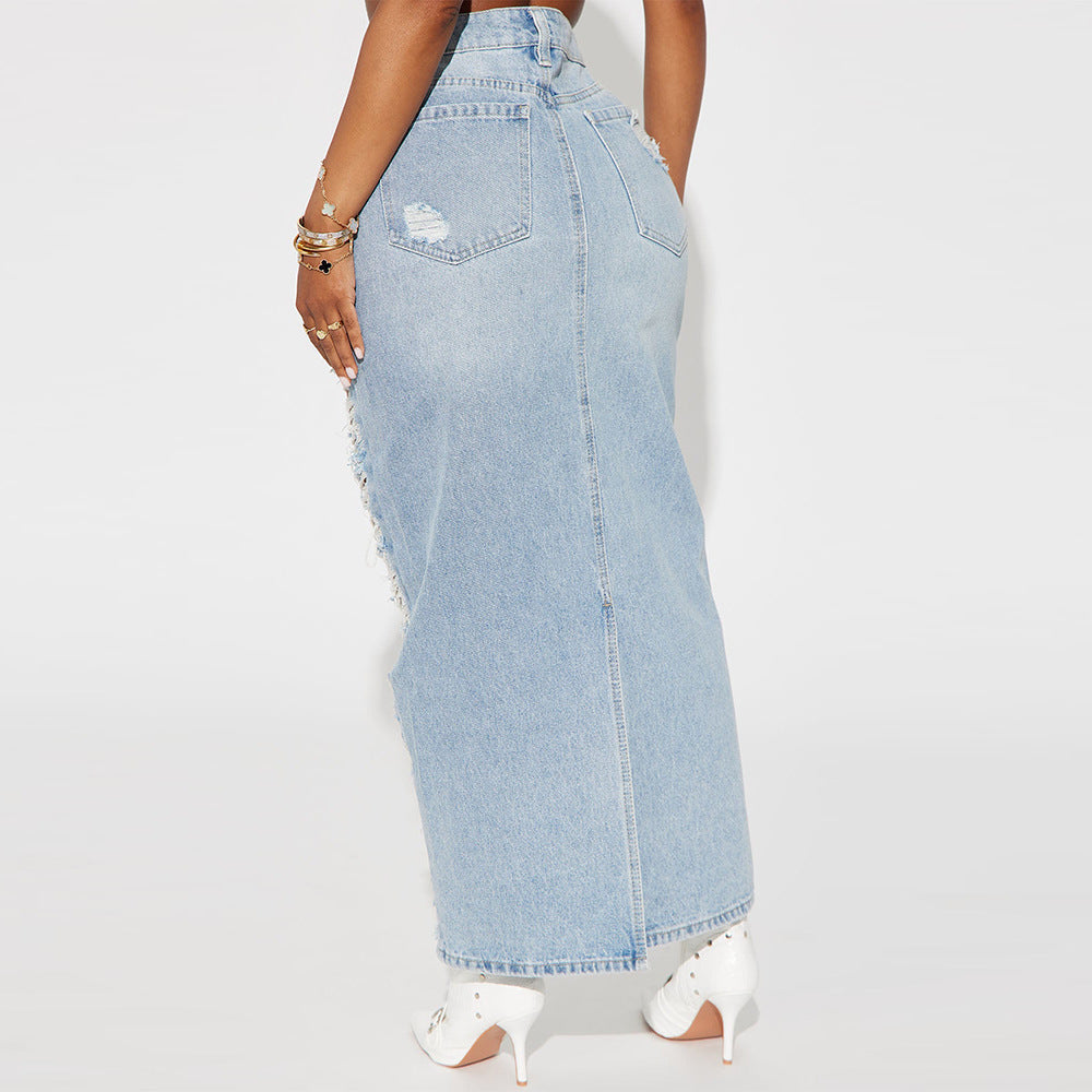 Fashion Personality Denim Wash Pocket Slit Tassel Skirt Female