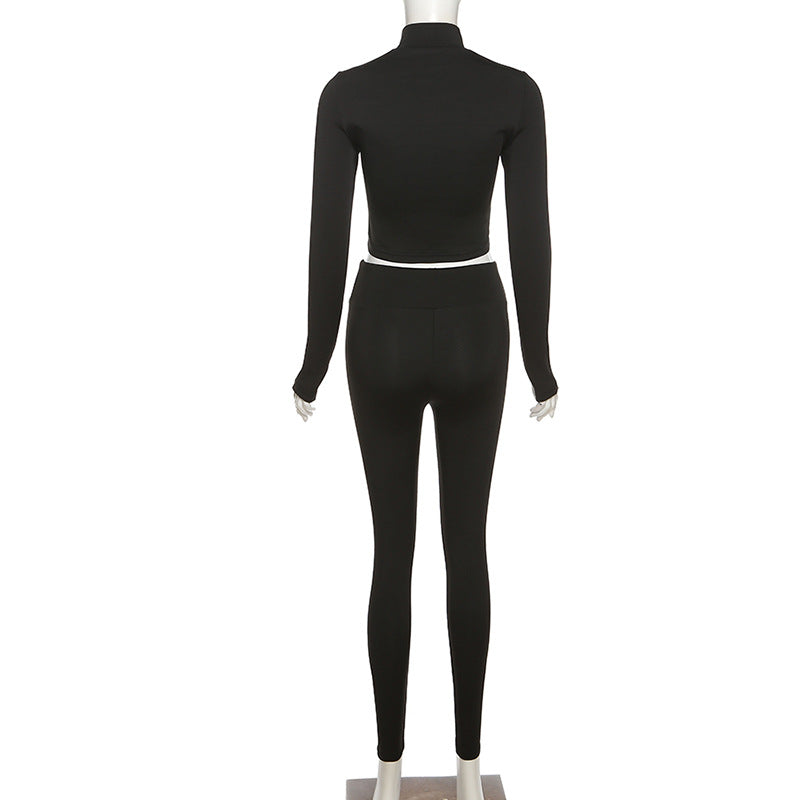 Stand Collar Zippered Long Sleeve Top High Waist Tight Trousers Set