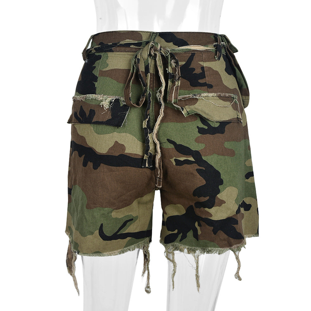 Camouflage Workwear Pocket Tassel Ripped Short