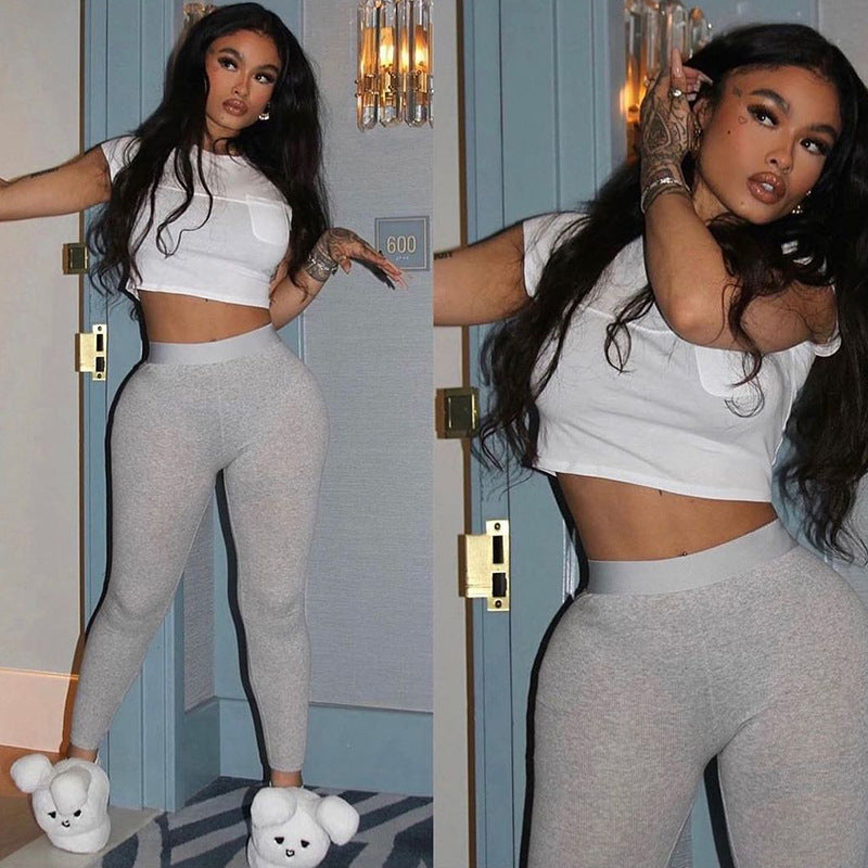 Contrast Color Pocket Top Tight Trousers Sports and Leisure Set