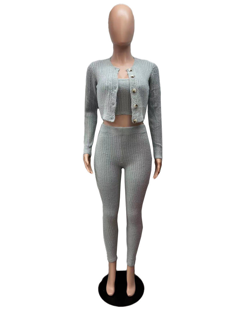 Solid Color Knitted Sweater Sexy Slim-Fit Cardigan 3PC Set