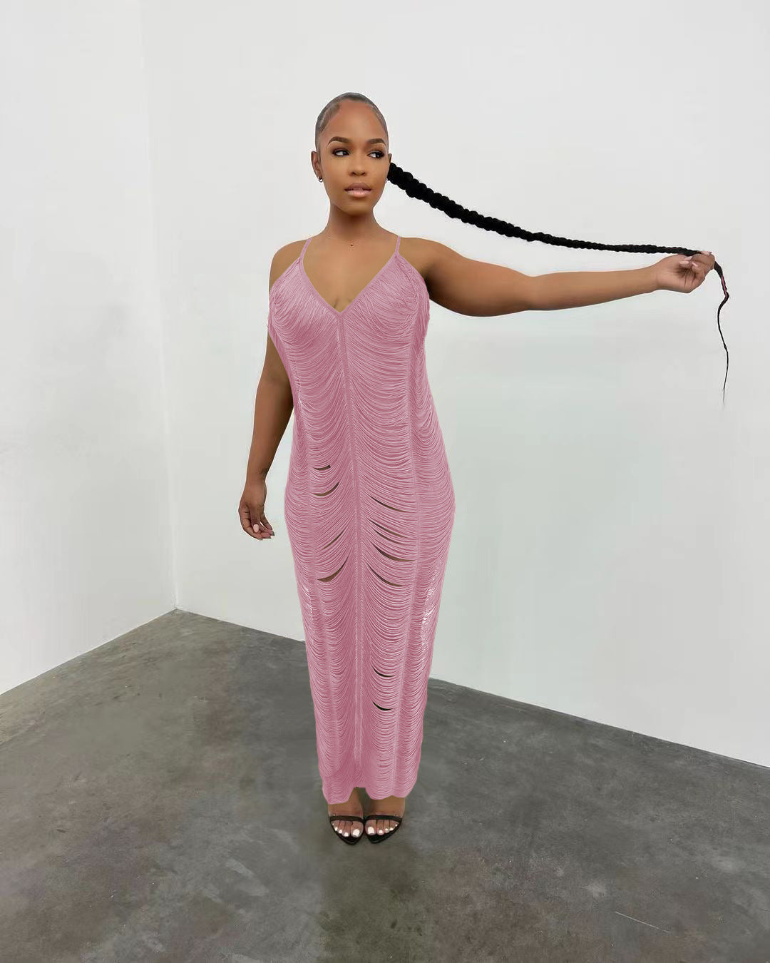 Strap Style Knitted Sleeveless Hollow Out V-neck Dress