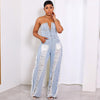 Tassel Hole Rhinestone Washing Water Denim Jumpsuit Female