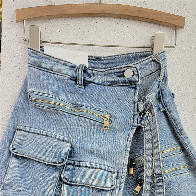 Irregular Multi-Pocket Workwear A- line Denim Skirt