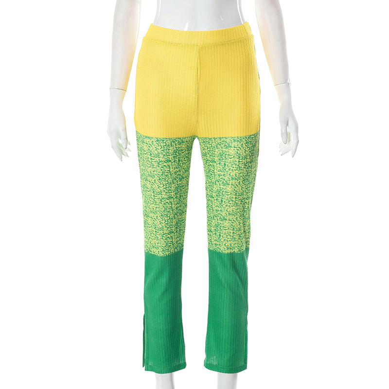 Color Matching Elastic Tight Split Trousers