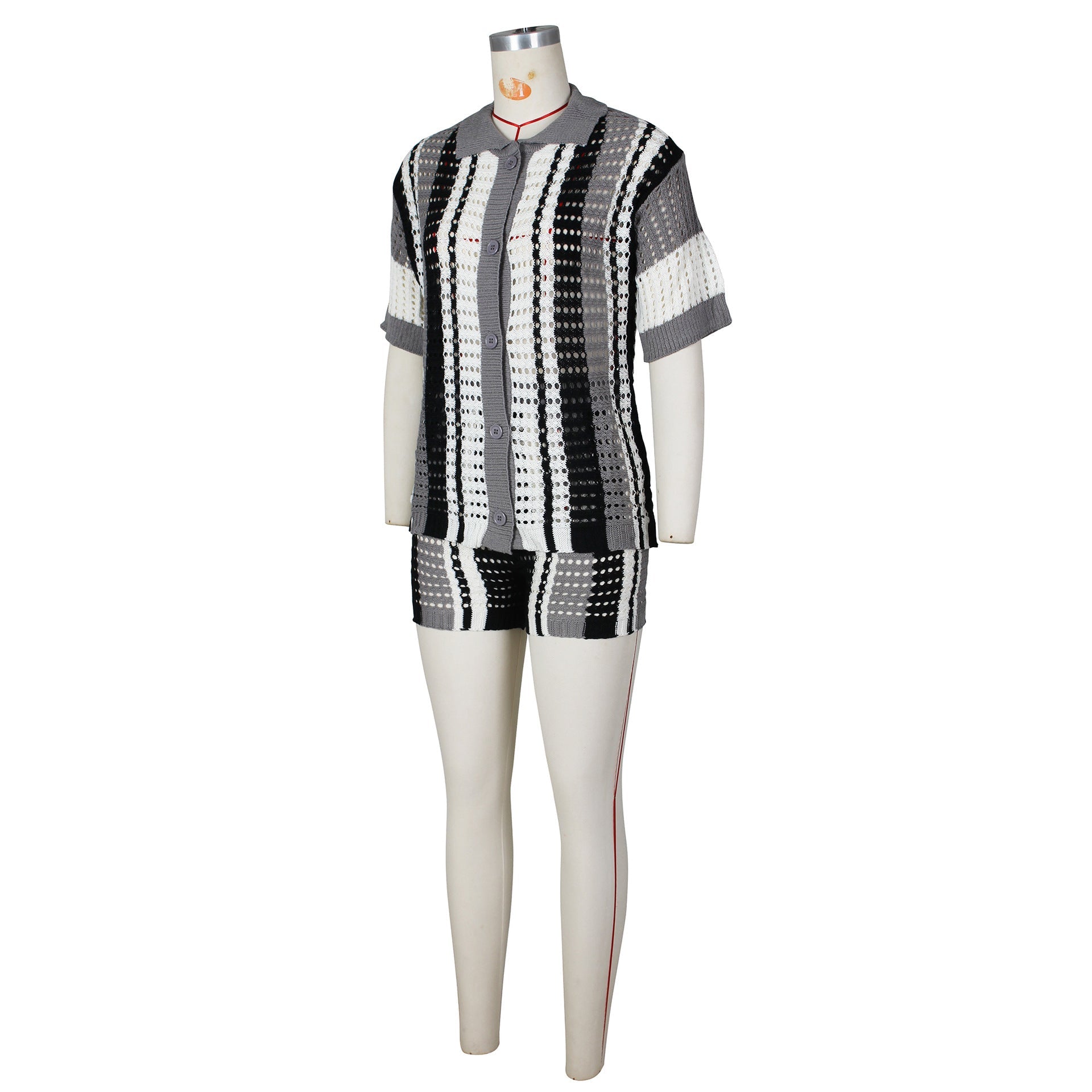 Hollow out See-through Contrast Color Lapels Knitted Shorts Suit