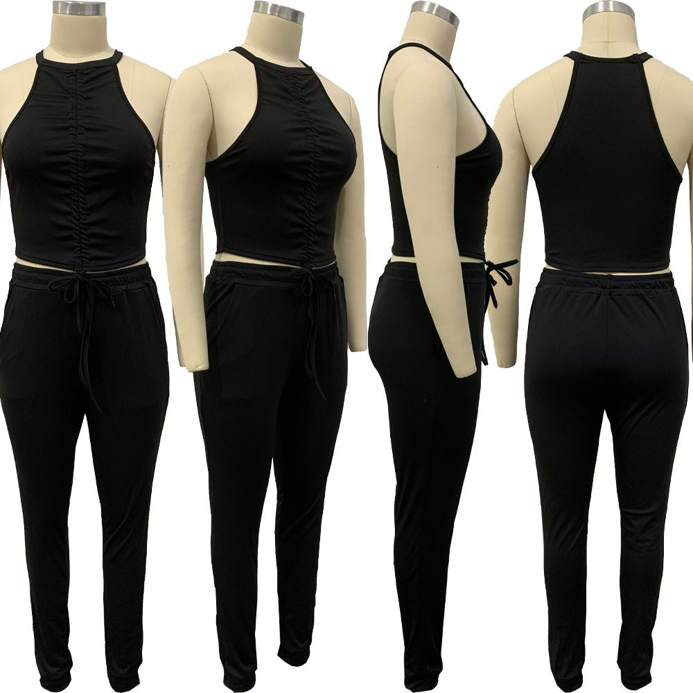 Solid Color Pleating Vest 2PC Set