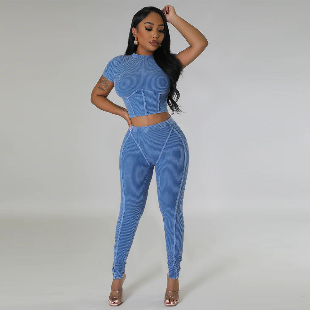 Pit stripe sports round neck tight and navel exposed set