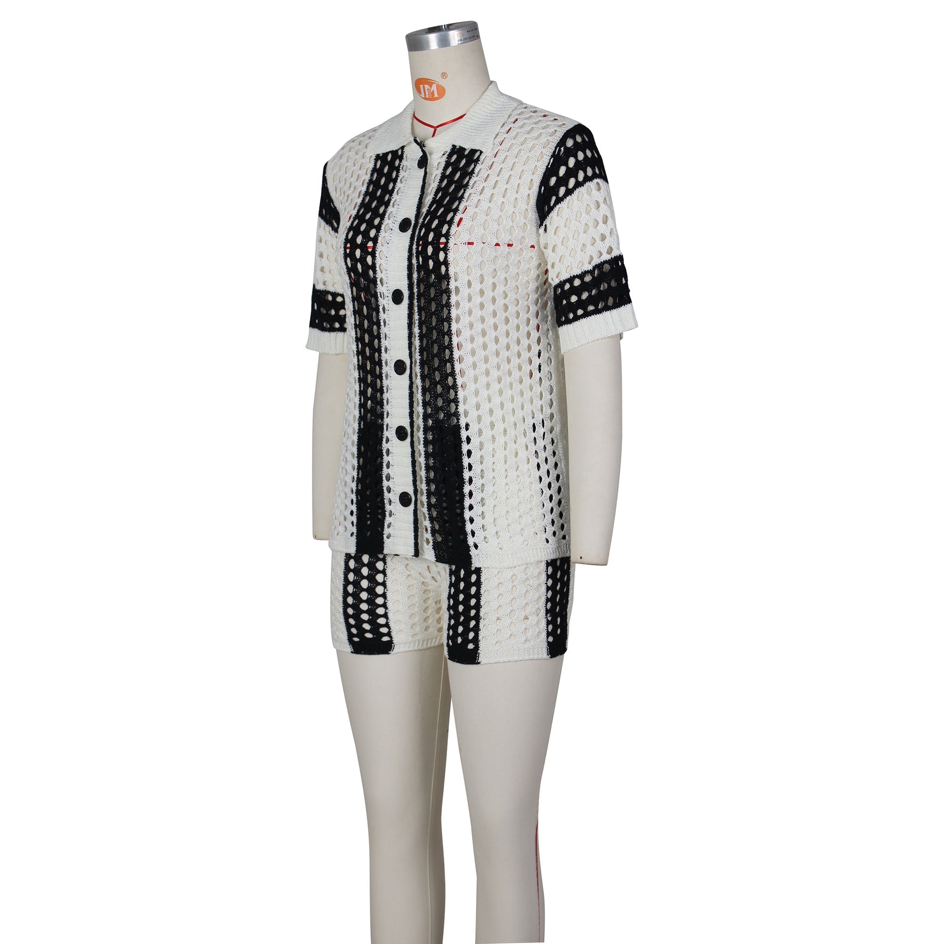 Hollow out See-through Lapel Knitted Shorts Suit