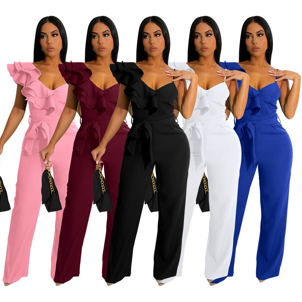 Ruffled Shoulder Sleeveless Waist-deep V Loose Solid Romsuit
