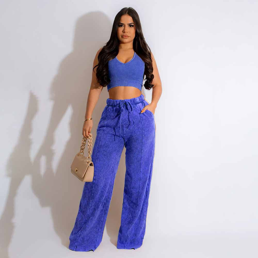 Sleeveless Open Waist Jacket Elastic Waist Wide-leg Pants Suit