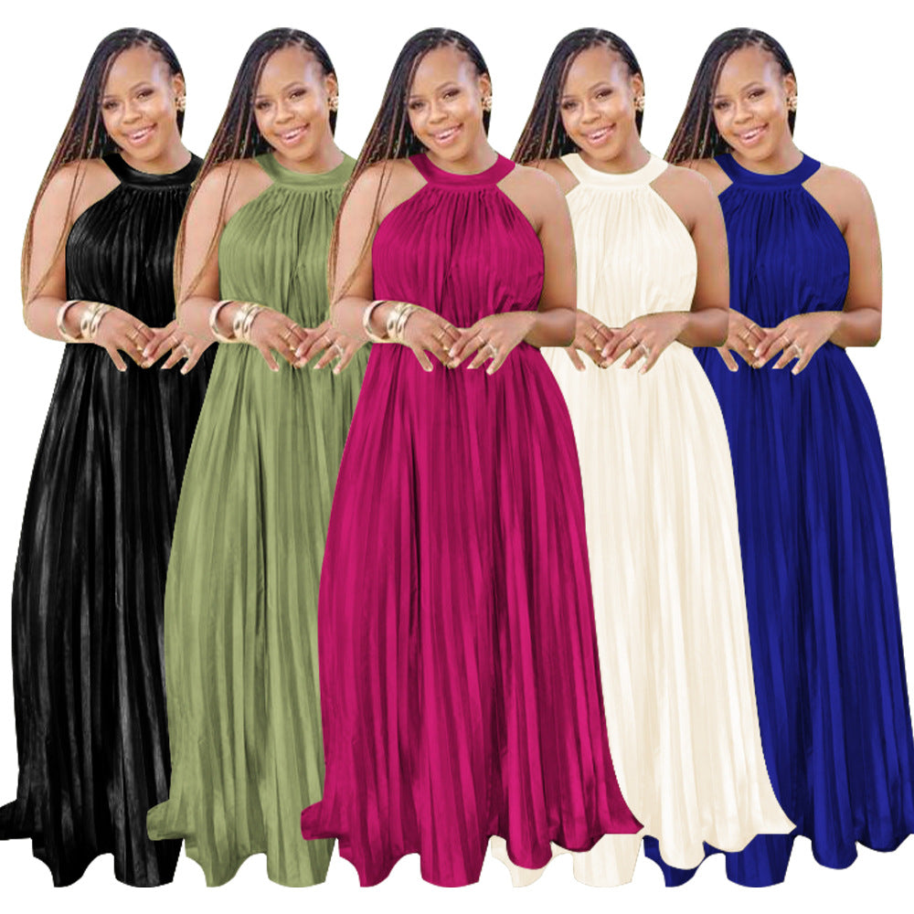 Sleeveless Off Shoulder Simulated Silk Pleated Large Swing Dress