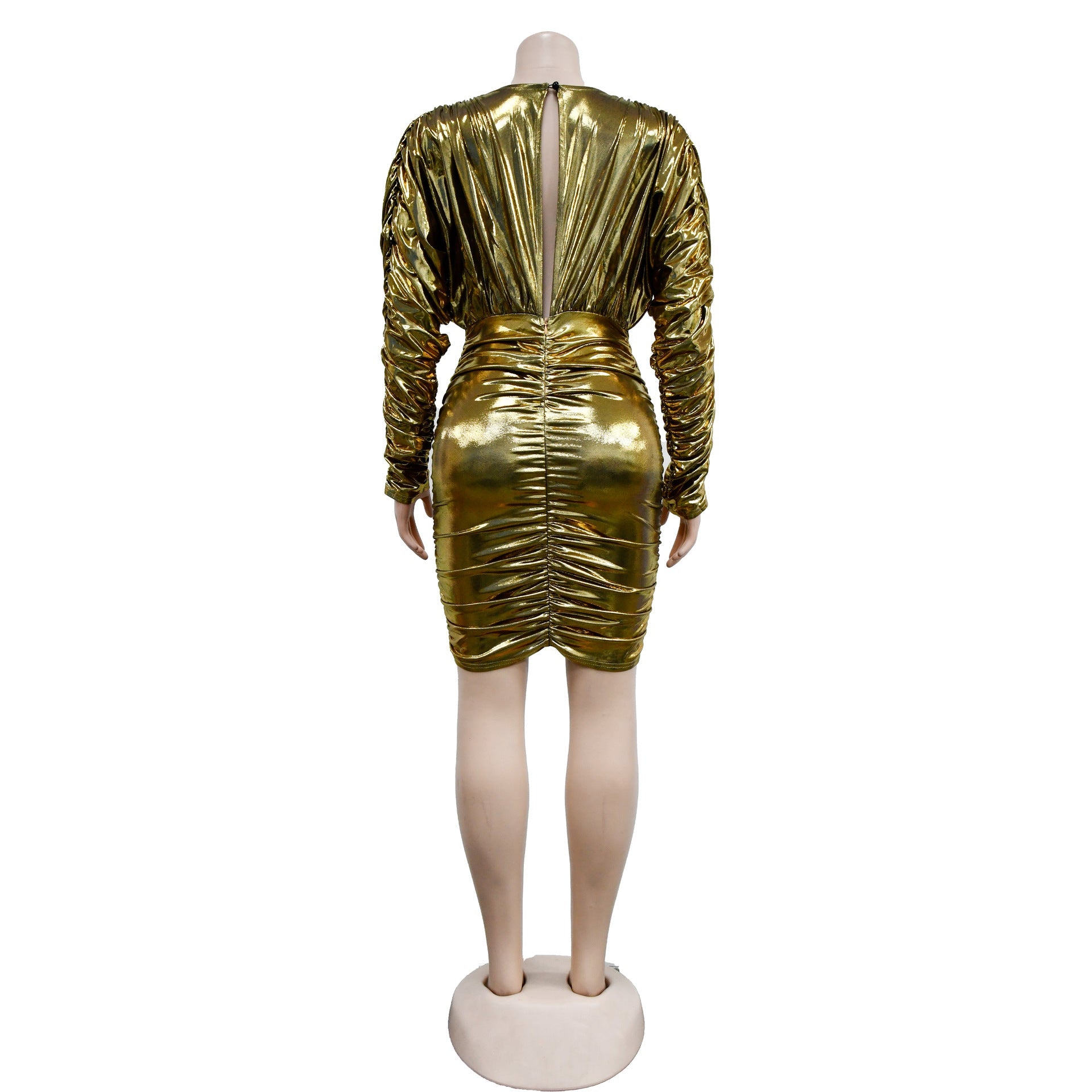 Solid color gilded long sleeved pleated short skirt dress