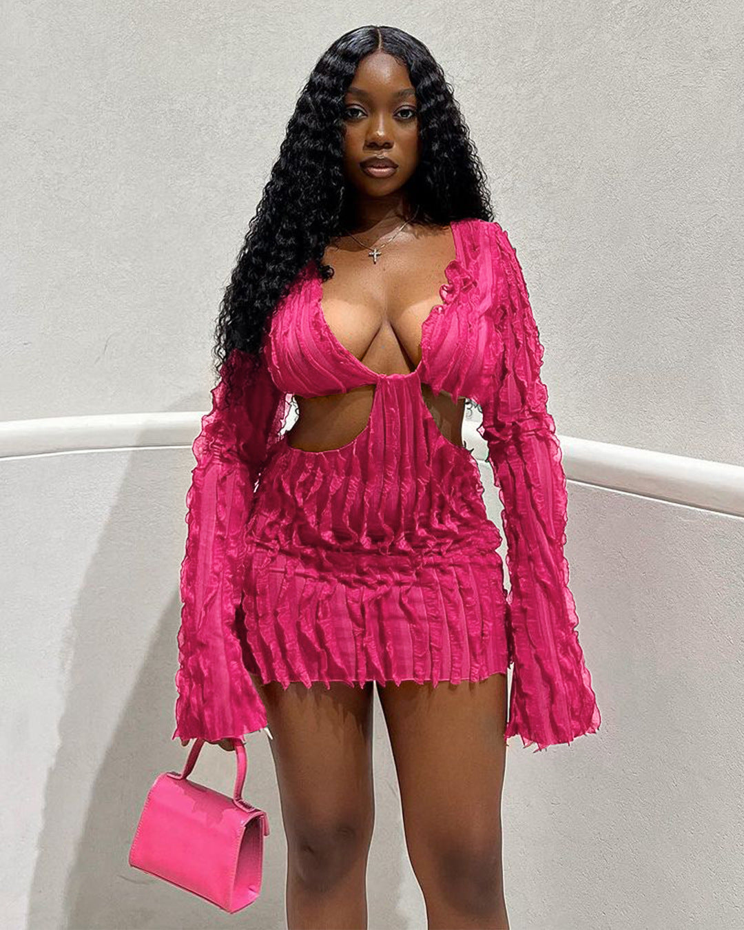 Long Sleeve Mesh Wave Pattern Sexy Short Dress