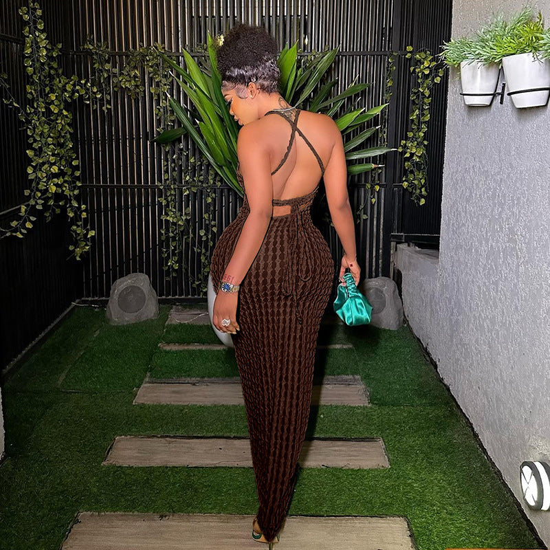 Strap Backless Popcorn Dress