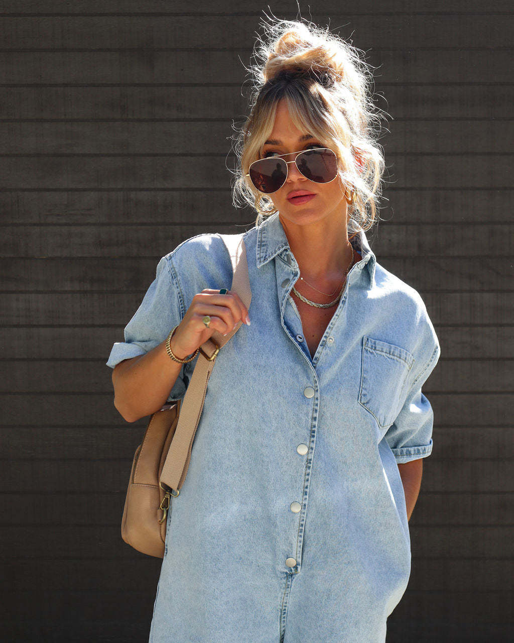 Polo Neck Short Sleeved Shorts Denim Jumpsuit