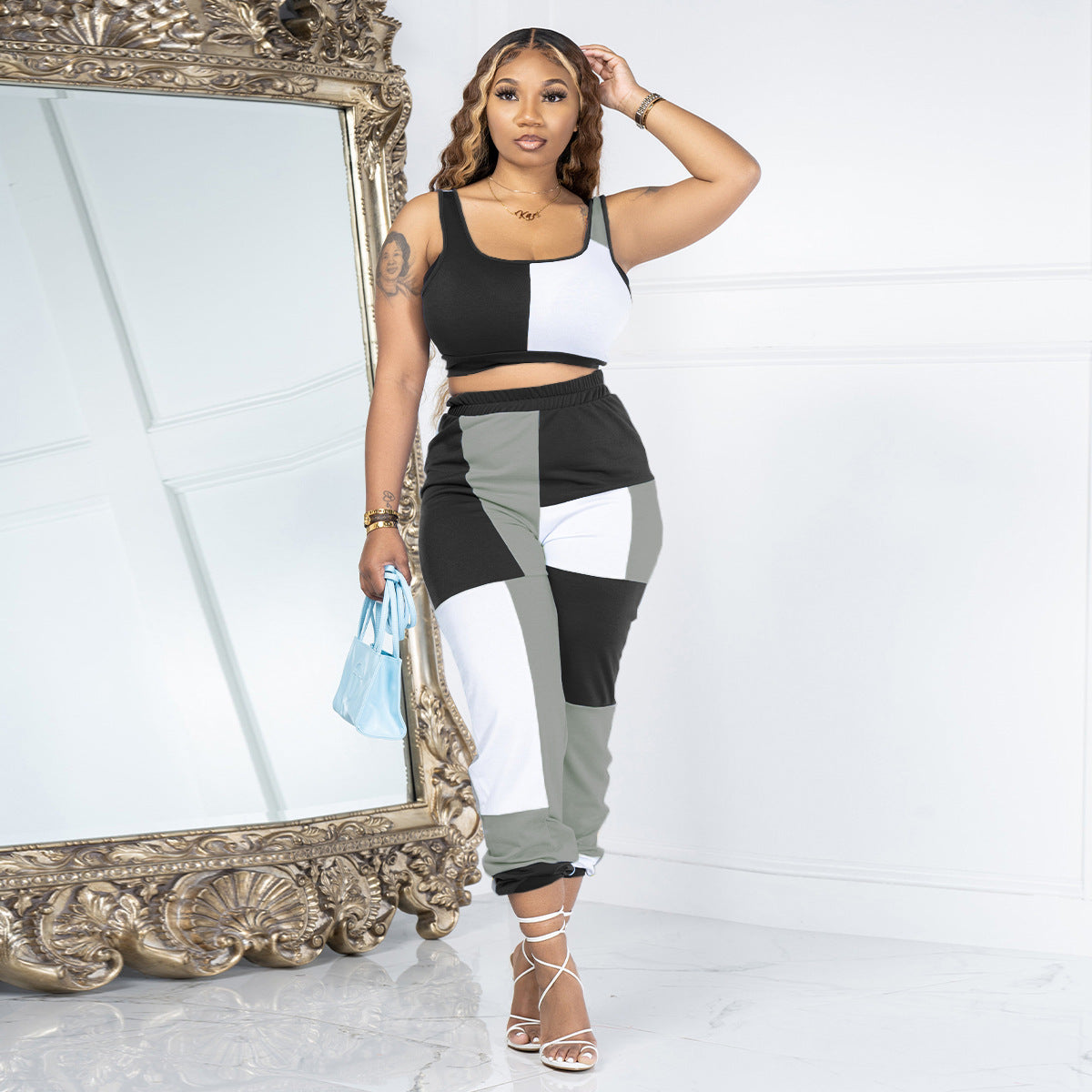 Patchwork Vest Trousers Two-piece Set