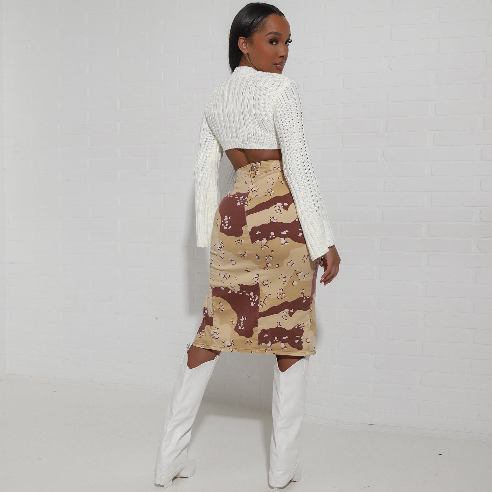 Camo Leaf Print Pocket Split Zip High Waist Skirt