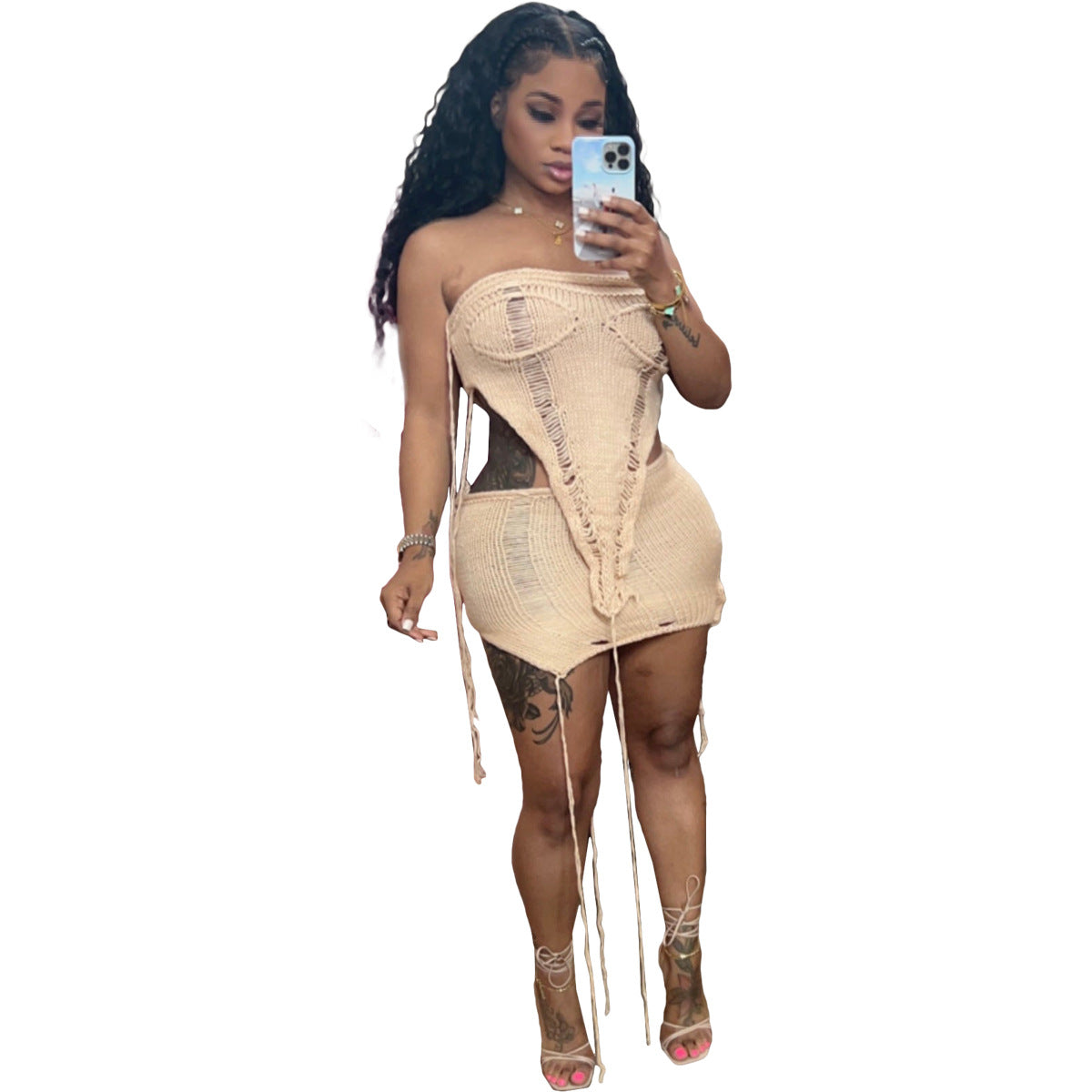 Sexy Knitted Ripped Drawstring Beach Suit