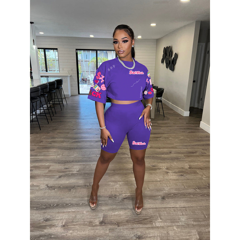 Printed Round Neck Short Sleeve Shorts