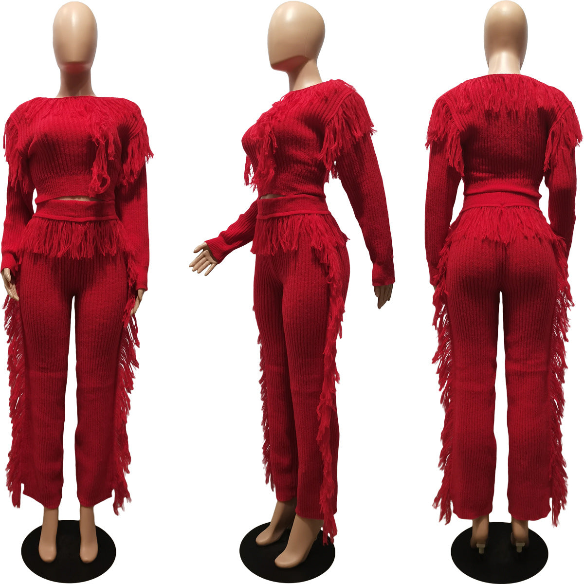 Casual Solid Color Knitted Long Sleeve Tassel Suit Women's Knitted Sweater