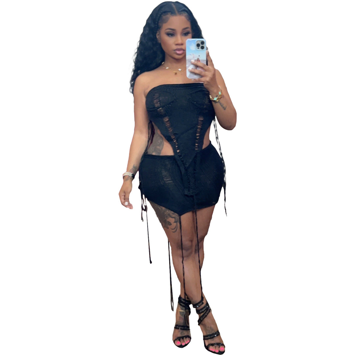 Sexy Knitted Ripped Drawstring Beach Suit