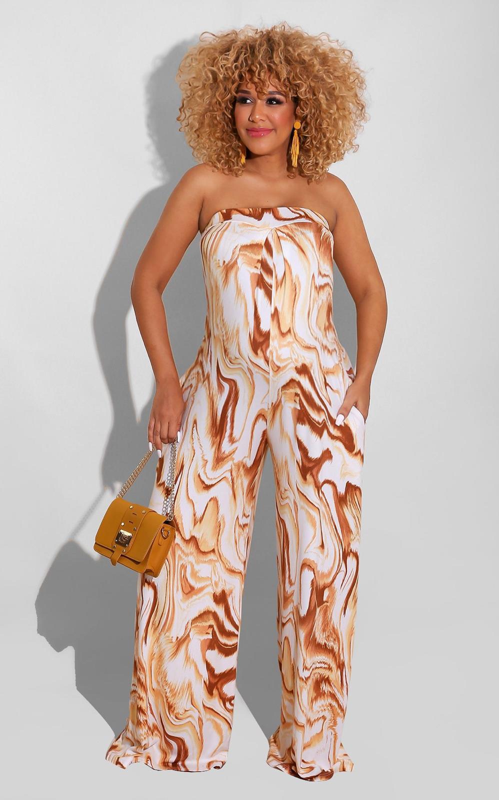 Bandeau Marble-print One-piece Wide-leg Trousers Loose Fit
