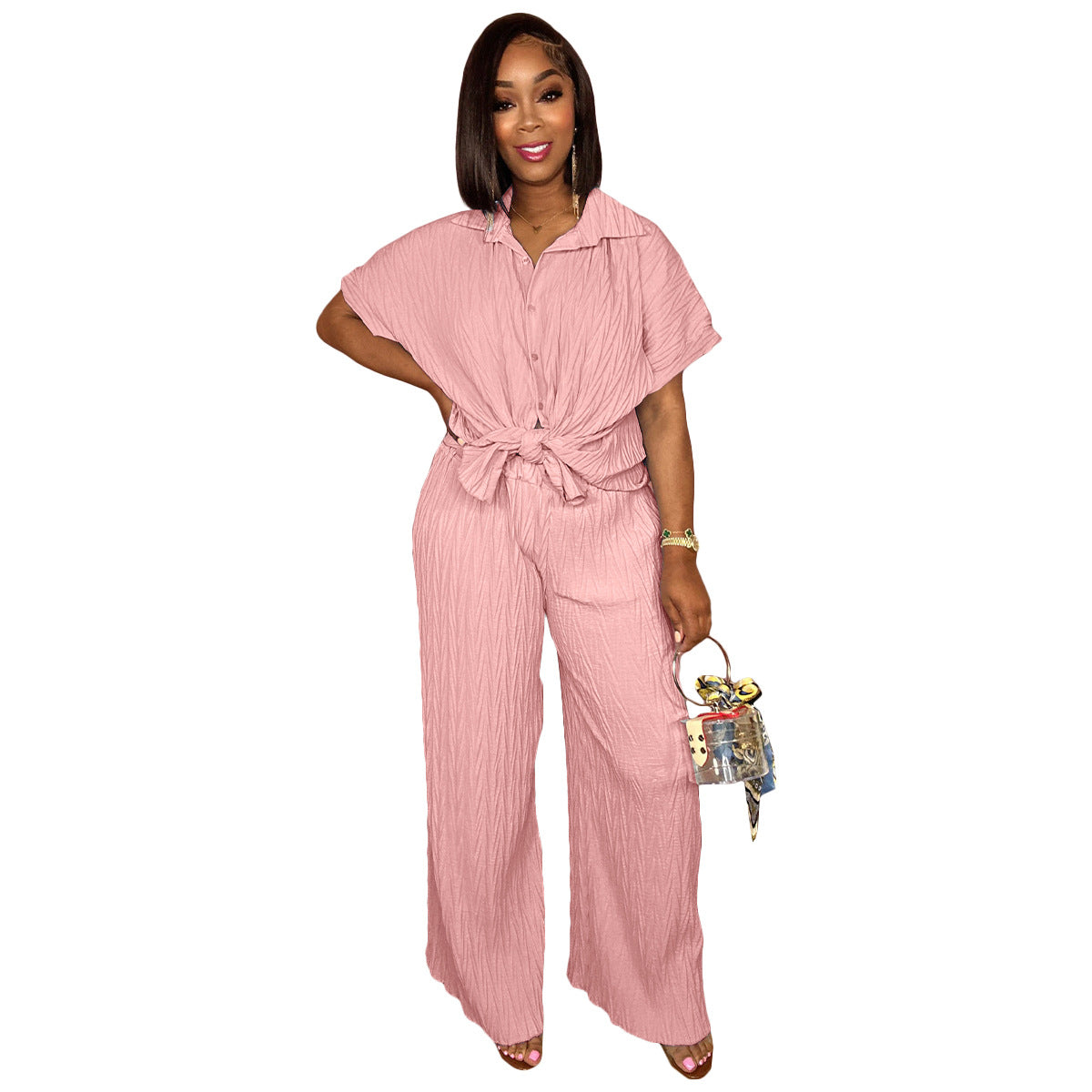 Tree Pattern Pleated Fabric Short Sleeved Shirt Wide Leg Pants Set