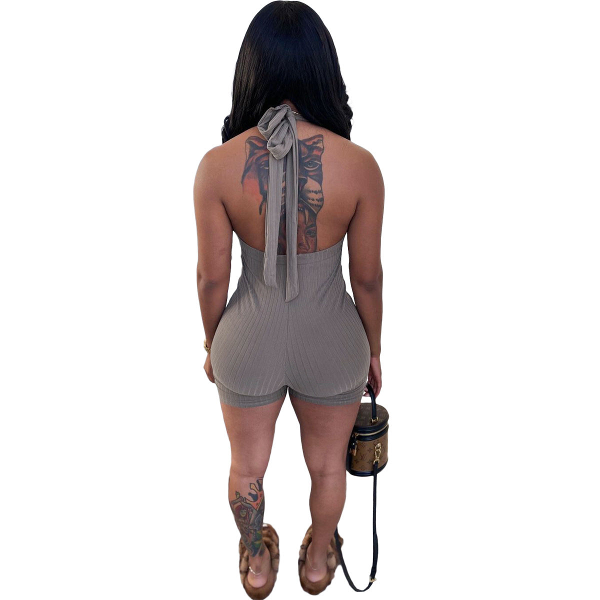 Sunken Stripe Sleeveless V-neck Lace-up Jumpsuit