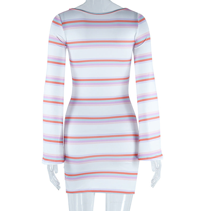 Striped Flared Sleeve Pullover Skirt Backless Waist Trimming A- line Skirt