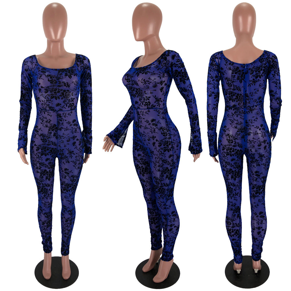 Mesh flocked shoulder jumpsuit