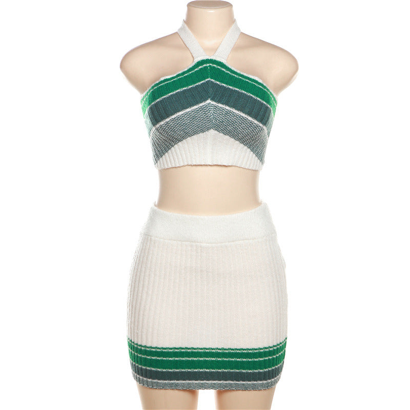 Jacquard Knitted Contrasting Neck Skirt Set