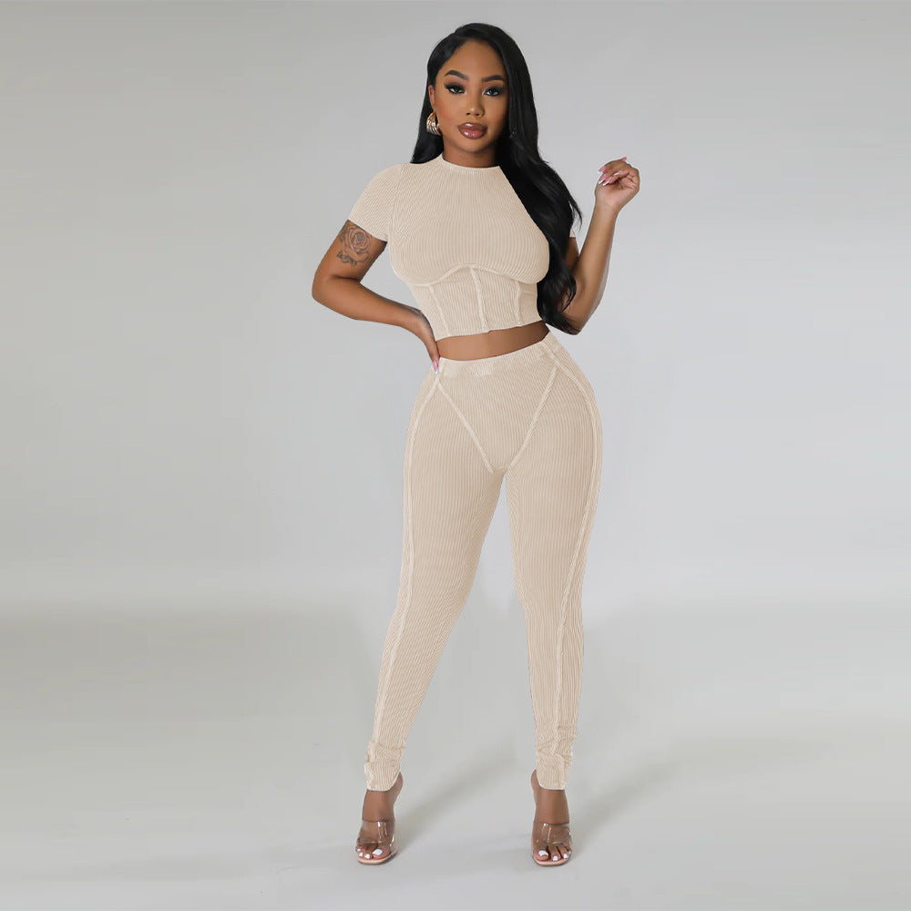 Pit stripe sports round neck tight and navel exposed set