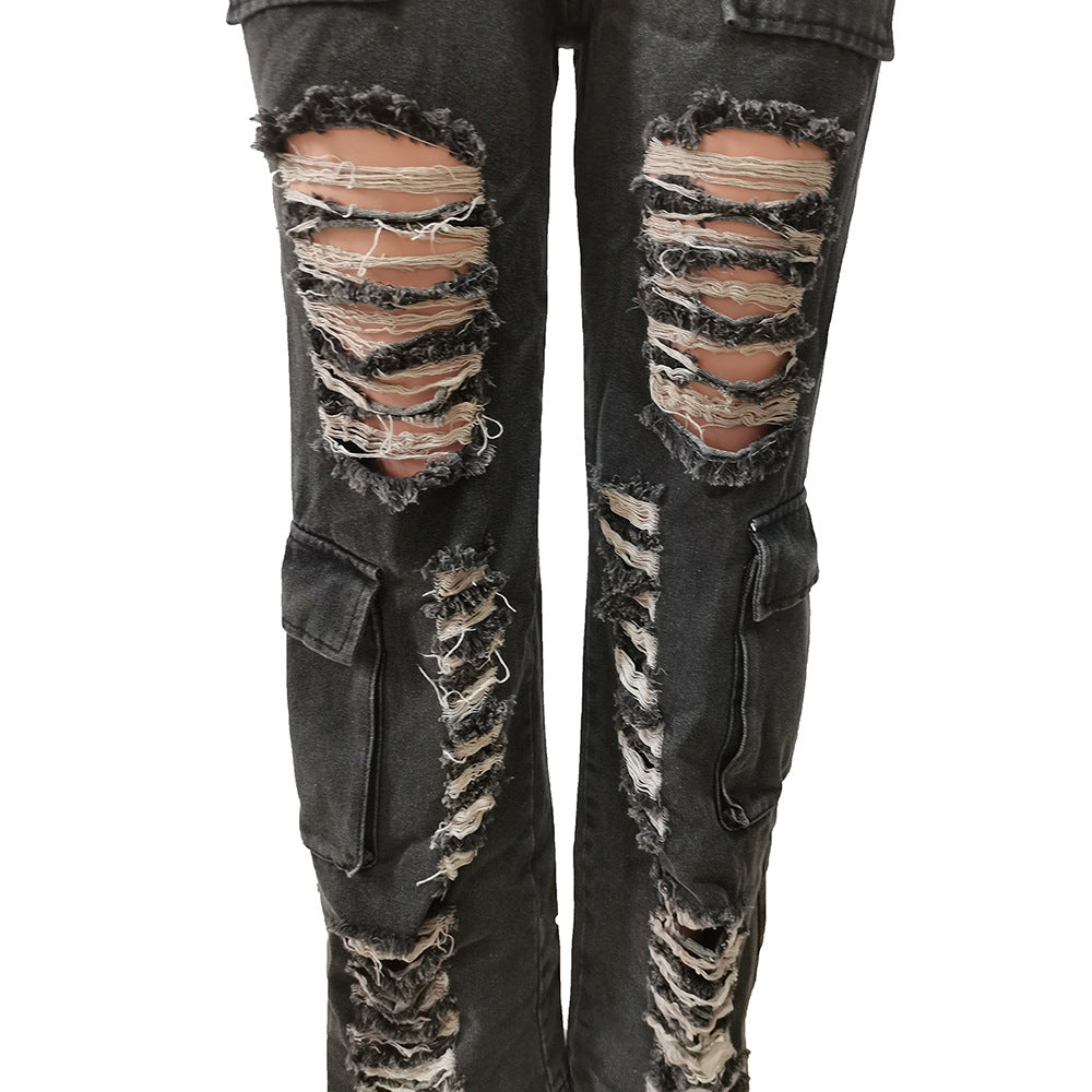 Perforated Burnt Flower Work Bag Micro Horn Denim Pants