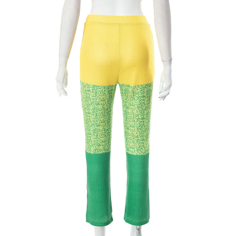 Color Matching Elastic Tight Split Trousers