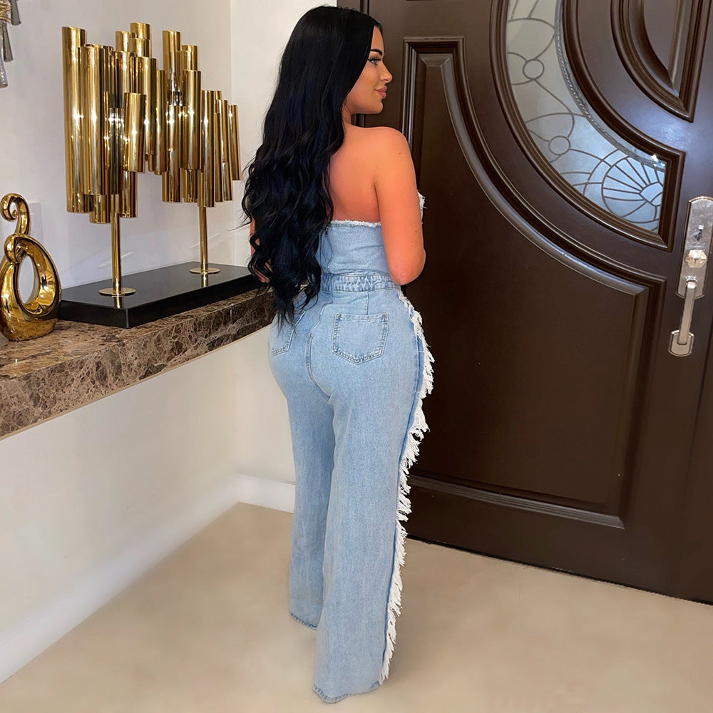 Tassel Hole Rhinestone Washing Water Denim Jumpsuit Female