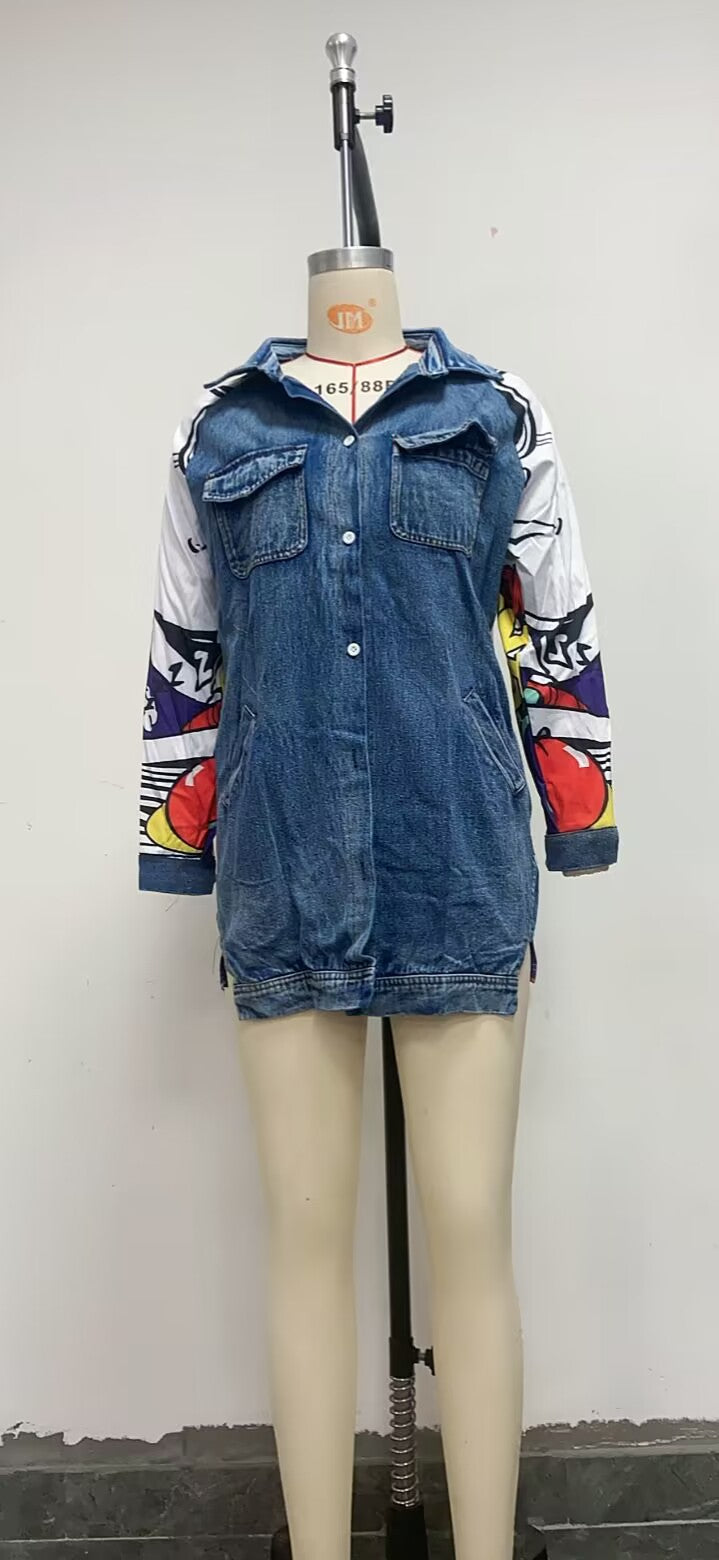 3D Digital Women's Printed Wear Long-Sleeved Denim Jacket