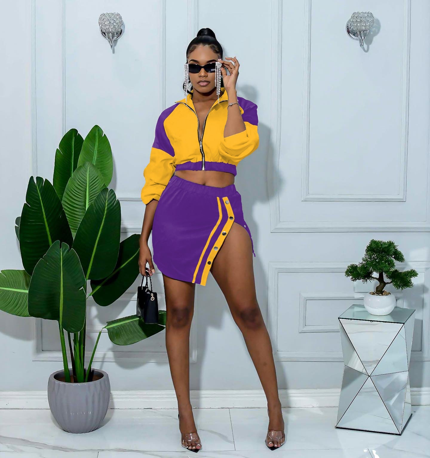 Split color-block long sleeve short skirt set stretch two-piece