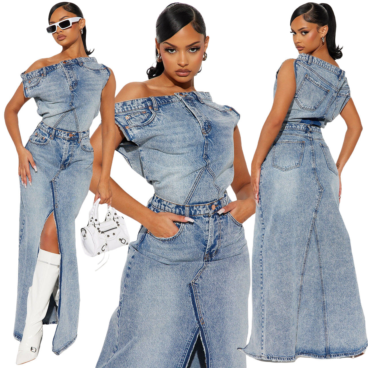 Off-the-Shoulder Vintage Denim Skirt Suit Two-Piece Set
