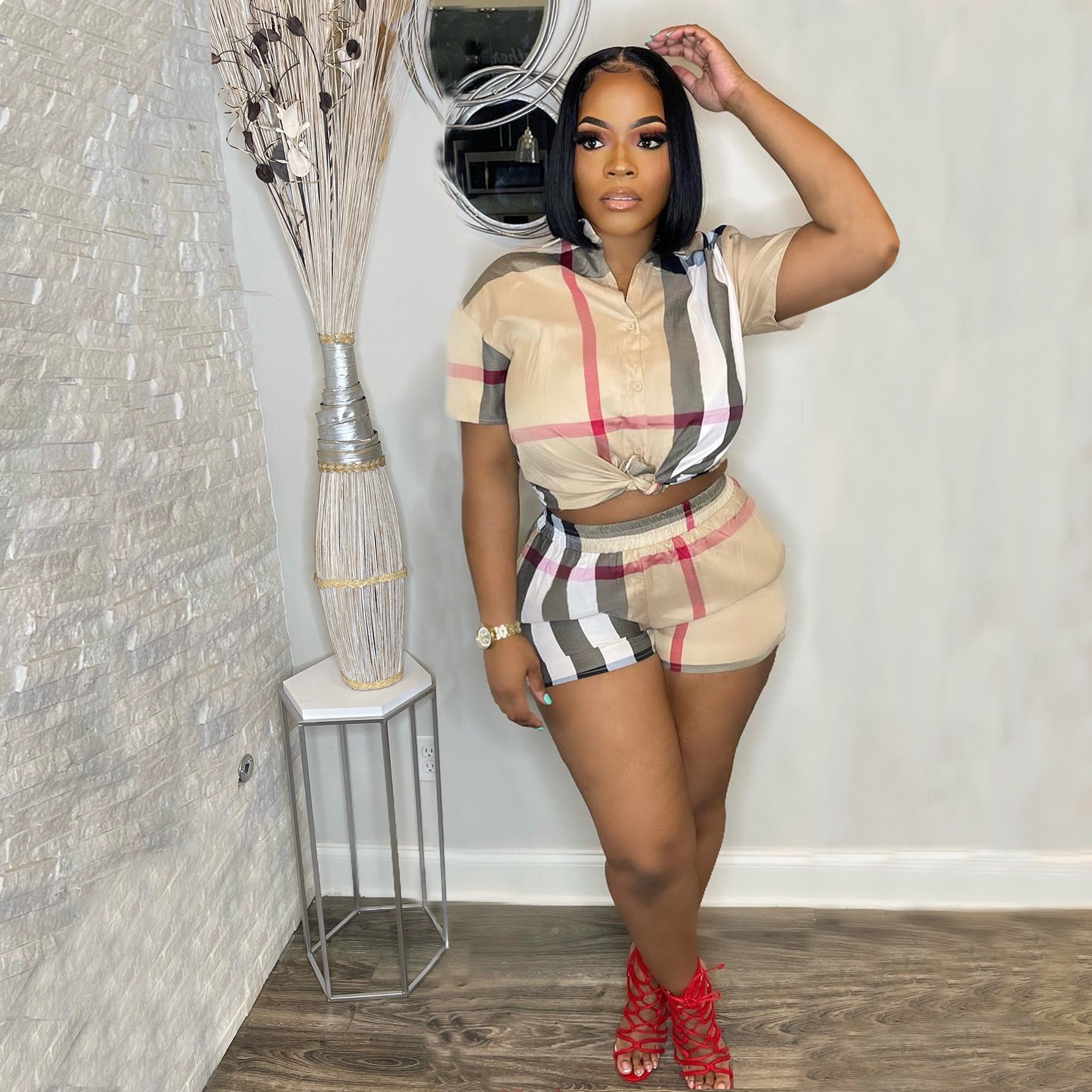 Casual Plaid Printed Short-Sleeved Shorts Two-Piece Suit
