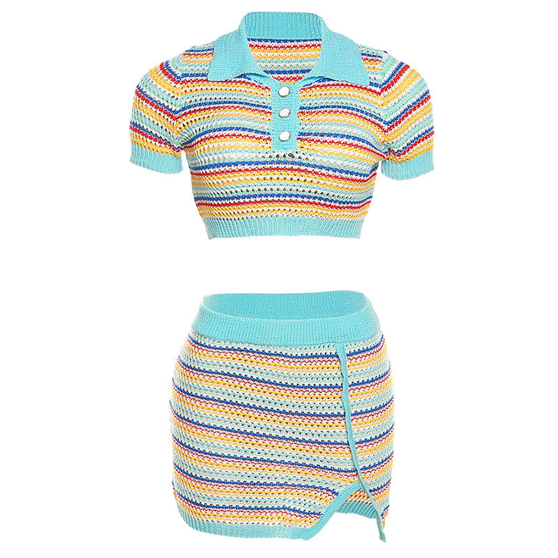 Crop Top-stripe Color-block Knit, Cropped Slim Fit Skirt