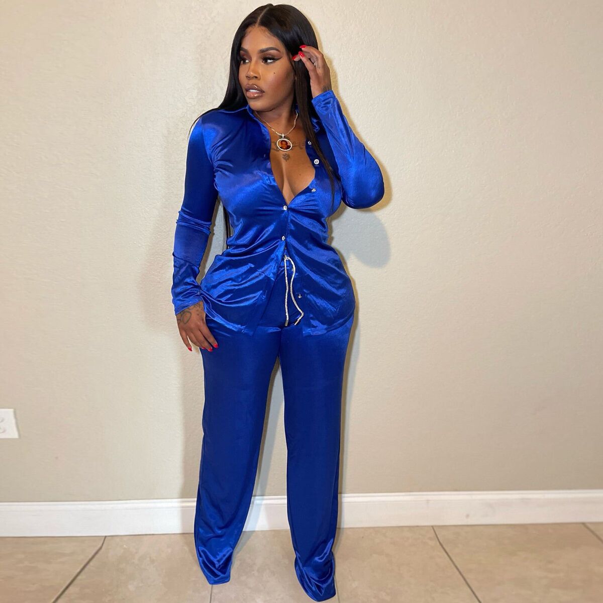 Two Piece Elastic Satin Lace Up Set