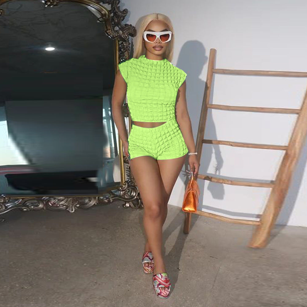 Cropped Shorts Popcorn Bubble Two-Piece Set