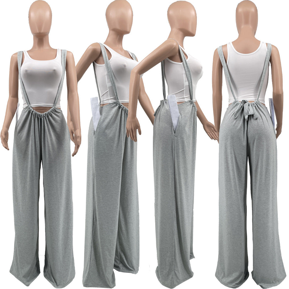 Casual Sports Home Solid Color Loose Suspenders pants