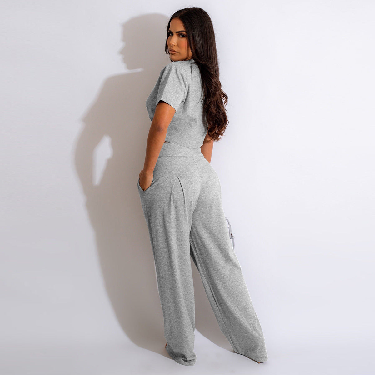 Cotton Short-sleeved Pleated T-shirt Wide-leg Pants Two-piece Suit