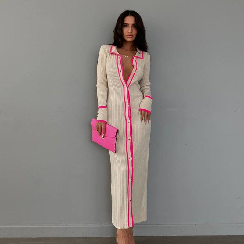 Slim lapel panels women's long sleeve cardigan dress
